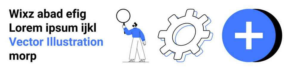 Obraz premium Person holding balloon, large gear, and blue plus sign. Ideal for progress, team collaboration, problem-solving, creativity, innovation, strategy and simple landing page