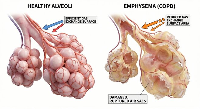 Lungs medical render presenting side by side comparison of healthy and emphysema alveoli, structural breakdown and impaired oxygen exchange, detailed educational anatomy illustration