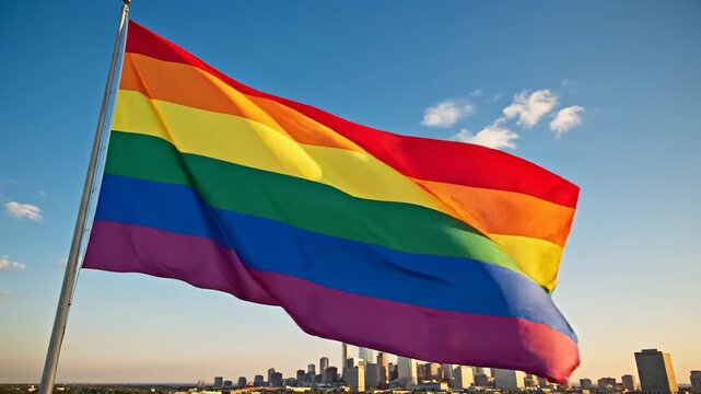 Rainbow flag waves against a blue sky, with city skyline in the distance at golden hour