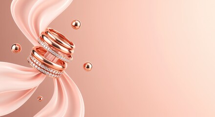 Elegant diamond rings set against a soft pink background with floating pearls