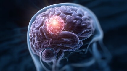 Medical concept showing diseased brain with bright focal point in detailed illustration