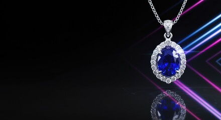 A stunning blue diamond pendant necklace with a halo of sparkling diamonds