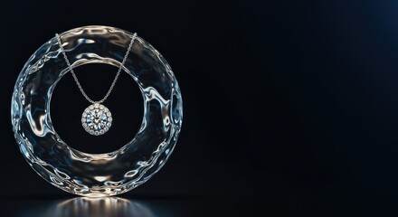 A stunning crystal necklace displayed on a reflective glass surface with a dark background
