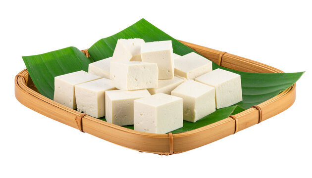 Tofu in Bamboo Tray, Isolated on Transparent Background with Full Depth of Field