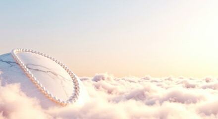 A delicate pearl necklace elegantly draped over a fluffy white cloud.