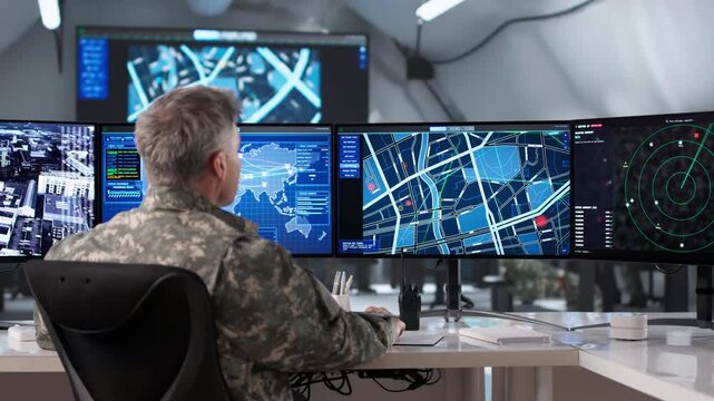 Young Soldier In Field Command Center Using Desktop Computer
