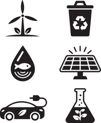 Icons representing various aspects of environmental sustainability and green technology