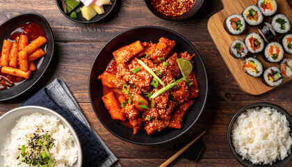 Korean Tteokbokki with Kimbap and Rice &ndash; Traditional Korean Cuisine Top View