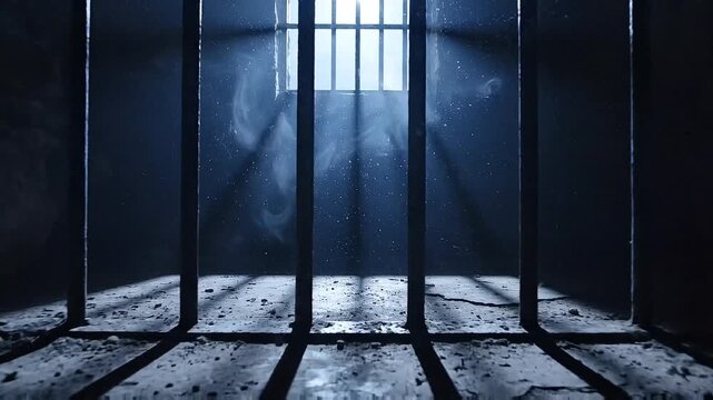 Cinematic volumetric light rays stream through a small barred prison window onto a cold dusty floor.