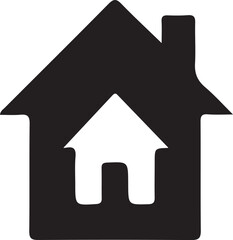 A sleek black and white icon of a house with a chimney and two windows