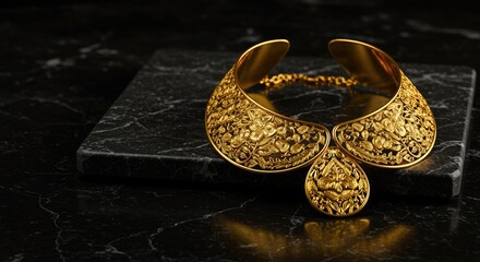 Intricate gold-colored jewelry with detailed patterns and hanging ornaments