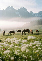Fototapeta premium Horses grazing peacefully in a serene mountain meadow surrounded by lush greenery and wildflowers