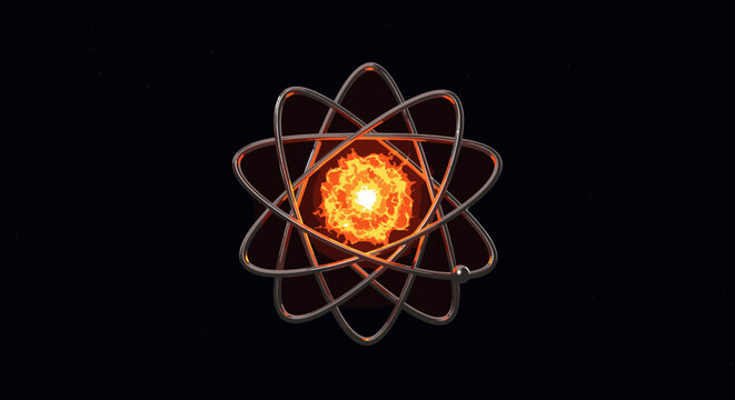 atom symbol with glowing orange nucleus and electrons