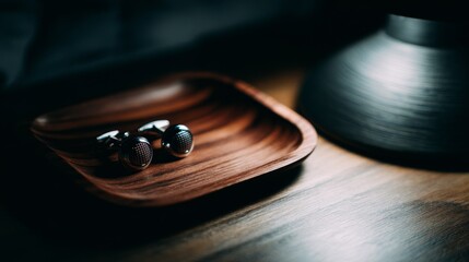 Obraz premium Elegant cufflinks resting on a dark wood valet tray