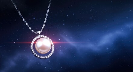 A radiant pink diamond pendant necklace set against a cosmic background
