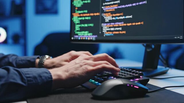 Hands type at glowing keyboard, code displayed on monitor, set against a blue background
