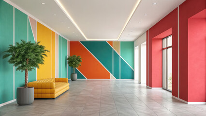 Fototapeta premium A brightly colored modern living room with geometric patterned walls and a yellow couch and two palm trees on gray tiles