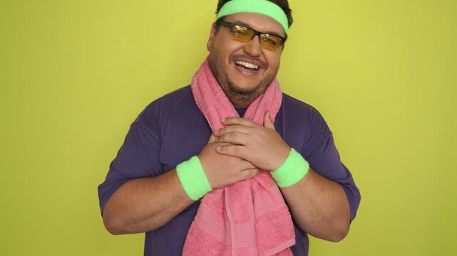 Funny fat man drinking hot coffee