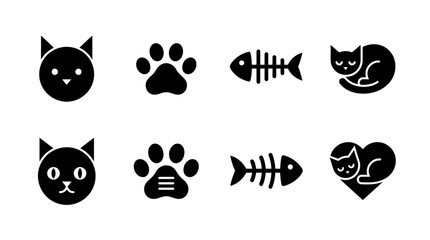 Fototapeta premium Set of Eight Minimalist Black and White Cat Icons Heads, Paw Prints, Fish Bones, and Sleeping Cats