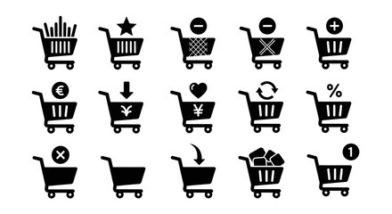 Collection of shopping cart icons representing various e-commerce actions and symbols, displayed in a grid layout. © HUANG
