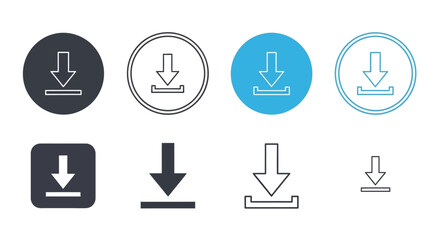 Collection of various download icons in different styles and colors displayed together, representing digital data transfer, icons, computer, interface, and graphics © HUANG