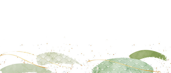 Watercolor Seigaiha Japanese Wave Frame: Elegant Blue and Gold Banner Background-300dpi-	
