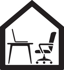 A minimalist illustration of a home office setup with a desk, chair, and laptop