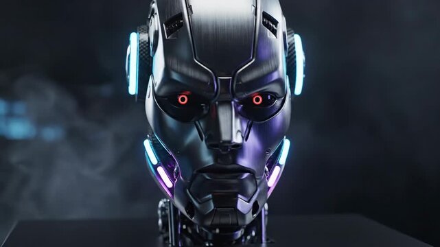 Cyborg head, metallic and glowing, with a serious expression, set against a smoky, dark background