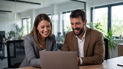 Obraz premium Smiling Business Professionals Working Together on Laptop in Modern Office