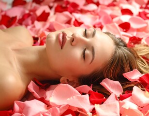 Serene woman surrounded by rose petals in a spa setting.
