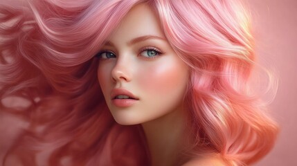 Fototapeta premium dreamy close-up of flowing pastel pink wavy hair over bare shoulder with warm soft glow, serene romantic mood