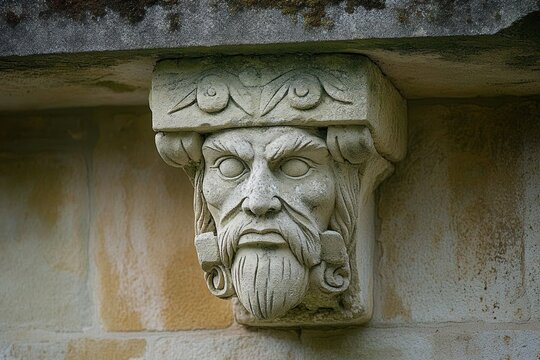 weathered stone corbel with carved leaf ornament beneath mossy ledge on aged masonry, evoking quiet historic character