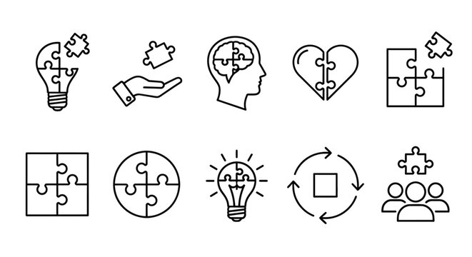 Collection of icons representing ideas, thoughts, and teamwork, featuring puzzle pieces, light bulbs, and people, in a simple line art style, on a neutral background, 