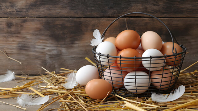 A wire basket filled with brown and white eggs sits on straw in front of a wooden wall