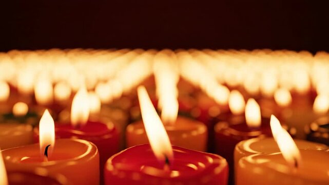 Numerous lit candles arranged in rows, creating a warm and glowing ambiance in dim lighting