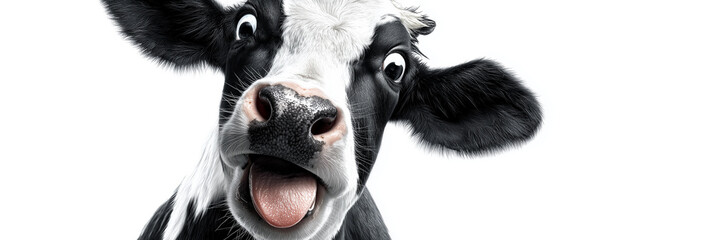 Extreme Close-Up. A Holstein Cow Portrait with a Hilarious Surprised Expression and Tongue Out While Looking at Camera, Isolated on White Background with Copy Space. Generative Ai.