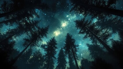 Obraz premium Upward view through tall pine silhouettes to a glowing teal star-filled night sky, evoking calm, awe, and wonder