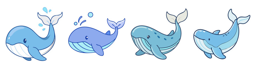 Fototapeta premium Blue whale vector icon set swimming underwater isolated on white background minimalist cartoon style marine life illustration