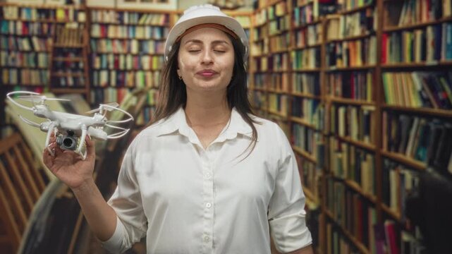 Woman engineer holds white drone camera while wearing hardhat in building library aisle; innovation confidence.