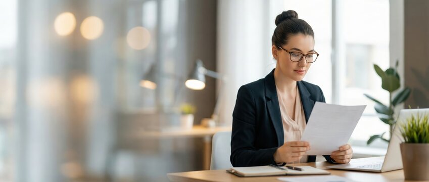 Business meeting in modern office professional woman reviewing documents indoor workspace contemporary design focused perspective productivity and organization concept