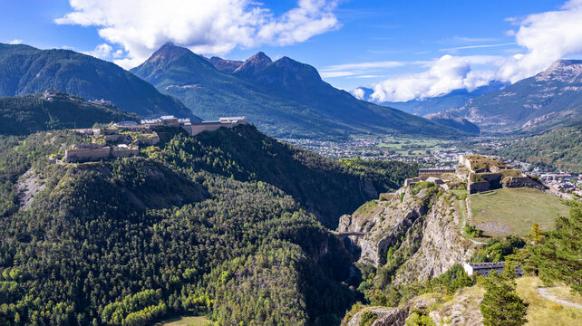 Town Brian&ccedil;on with Fort du Randouillet, Fort des Trois Tetes and Fort du Chateau, Briancon, France, Europe.