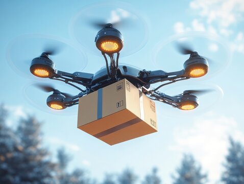 hexacopter delivery drone with glowing motors hovering over treetops carrying a cardboard package under blue sky, conveying futuristic efficient reliable delivery