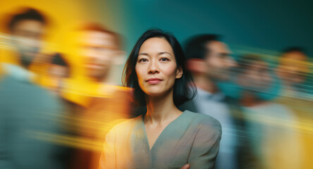 Confident Asian Businesswoman Standing Still in a Busy Fast-Paced Teal and Orange Office Environment