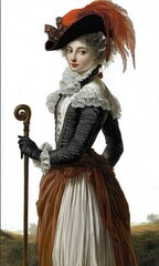 Obraz premium Elegant woman in period costume with feathered hat and lace ruffles, holding a carved cane and standing poised in a pastoral landscape