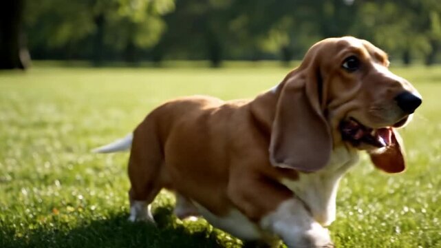 Happy, floppy-eared hound dashes across lush green grass with trees blurred in the background
