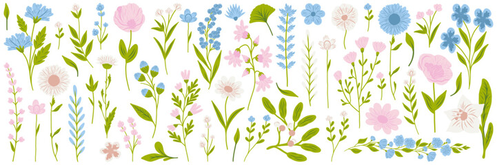 Fototapeta premium Collection of spring colorful flower elements vector. Set floral, leaf branch, foliage on white background. Hand drawn blossom illustration for decor, easter, thanksgiving, clipart.