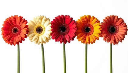 Five gerbera daisies in a row, colorful petals, long green stems, against bright white background, botanical beauty
