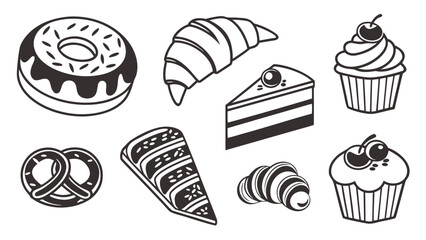 Bakery icon dessert icon pastry icon donut croissant cupcake cake slice pretzel line art collection with monochrome outline sweet food symbol for menu label packaging design