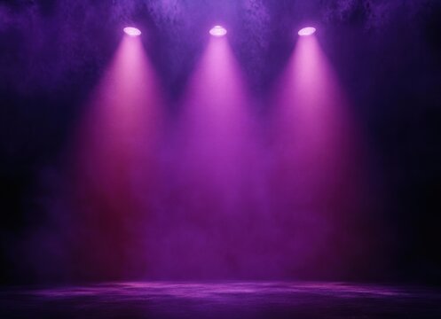 Empty stage illuminated by three purple spotlights with smoky haze, dramatic moody lighting evoking anticipation