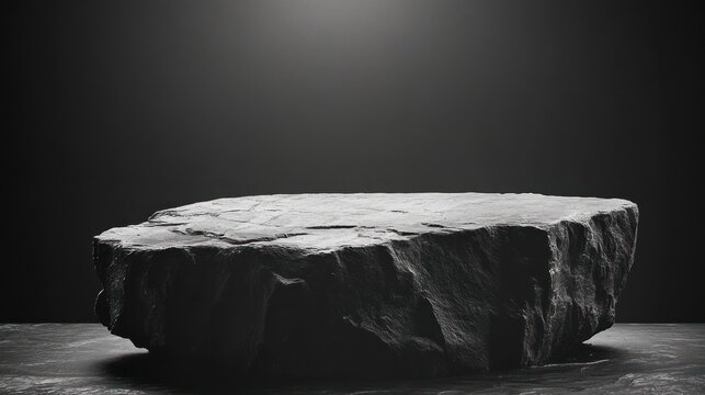 Dramatic isolated flat stone slab on dark stage with spotlight, rugged texture and solemn minimalist atmosphere